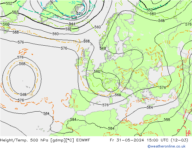 Hoogte/Temp. 500 hPa ECMWF vr 31.05.2024 15 UTC