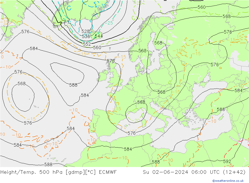 Z500/Yağmur (+YB)/Z850 ECMWF Paz 02.06.2024 06 UTC