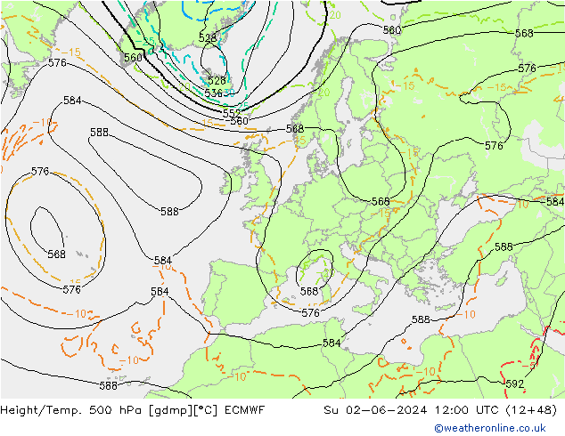 Z500/Rain (+SLP)/Z850 ECMWF dom 02.06.2024 12 UTC