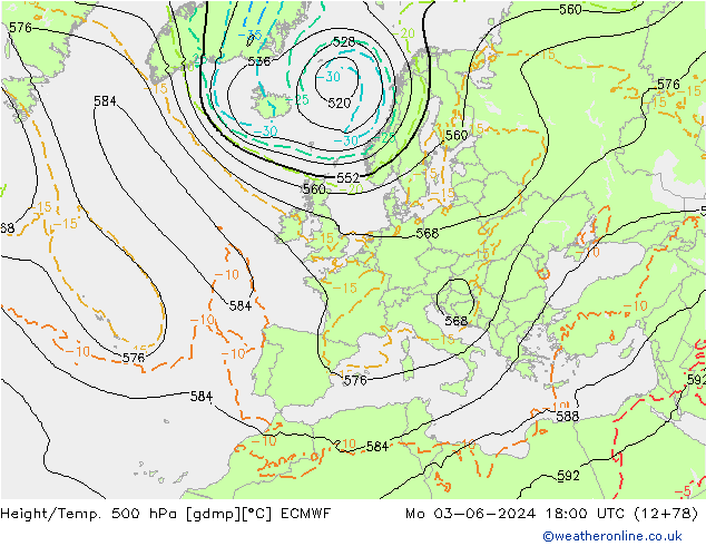 Z500/Rain (+SLP)/Z850 ECMWF lun 03.06.2024 18 UTC