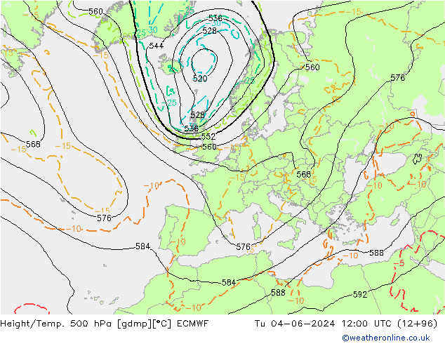 Z500/Rain (+SLP)/Z850 ECMWF Út 04.06.2024 12 UTC