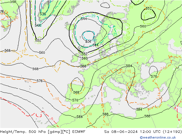 Z500/Rain (+SLP)/Z850 ECMWF  08.06.2024 12 UTC