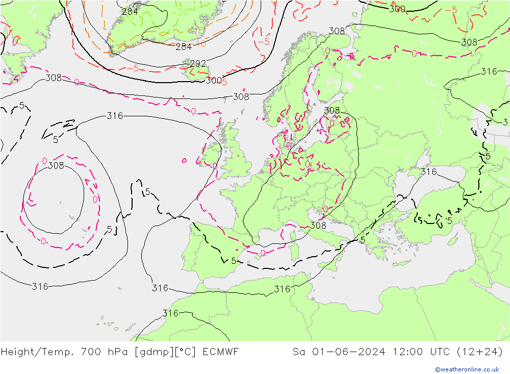 Geop./Temp. 700 hPa ECMWF sáb 01.06.2024 12 UTC