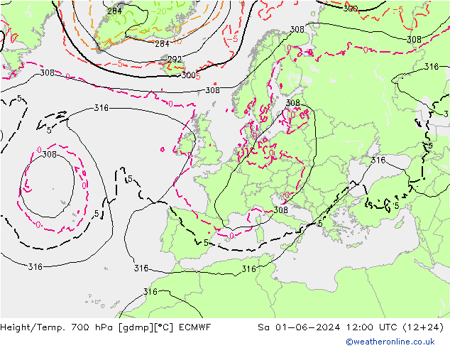 Height/Temp. 700 hPa ECMWF Sa 01.06.2024 12 UTC