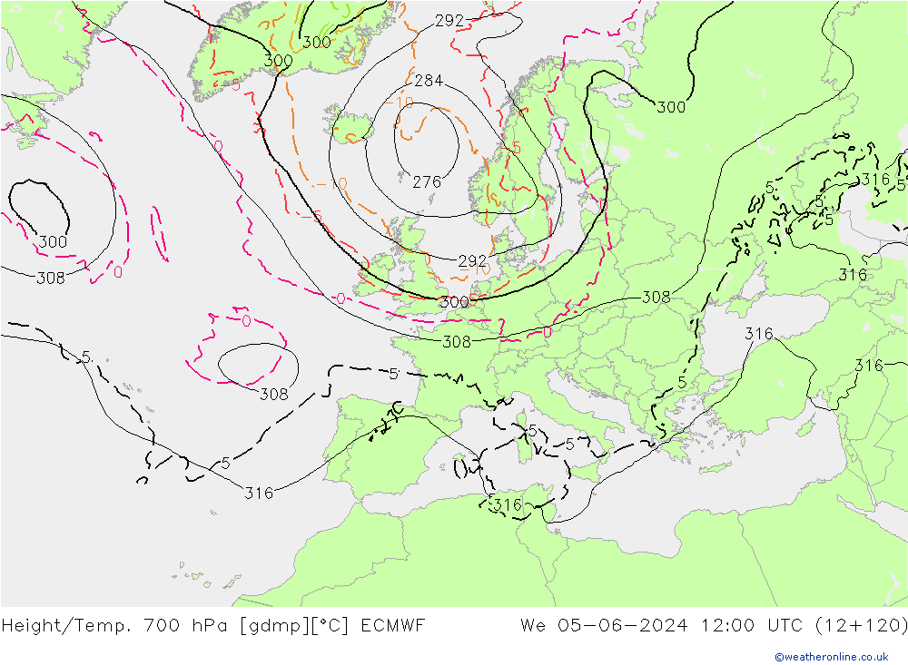 Hoogte/Temp. 700 hPa ECMWF wo 05.06.2024 12 UTC