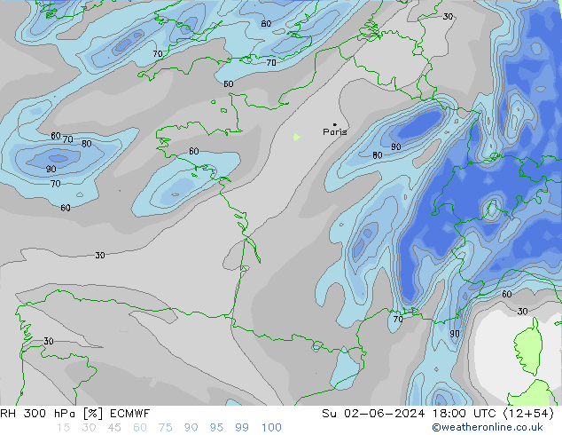 Humidité rel. 300 hPa ECMWF dim 02.06.2024 18 UTC
