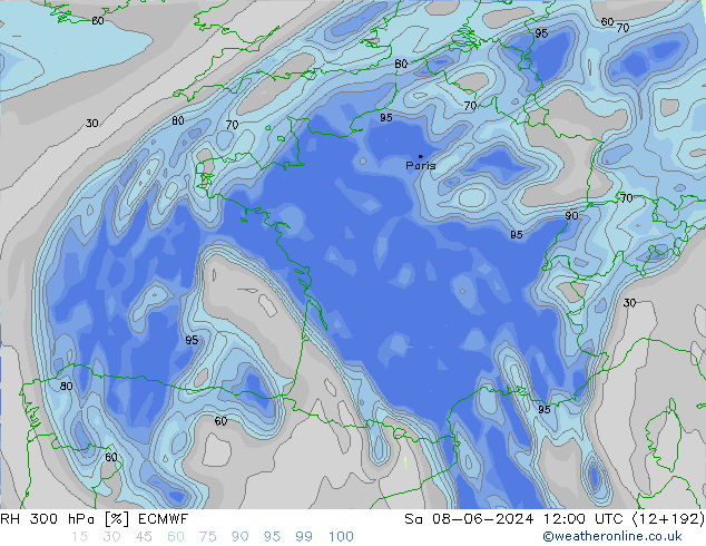 RH 300 гПа ECMWF сб 08.06.2024 12 UTC