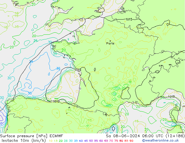 Isotachs (kph) ECMWF Sa 08.06.2024 06 UTC