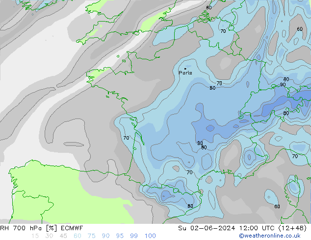 RH 700 hPa ECMWF Su 02.06.2024 12 UTC