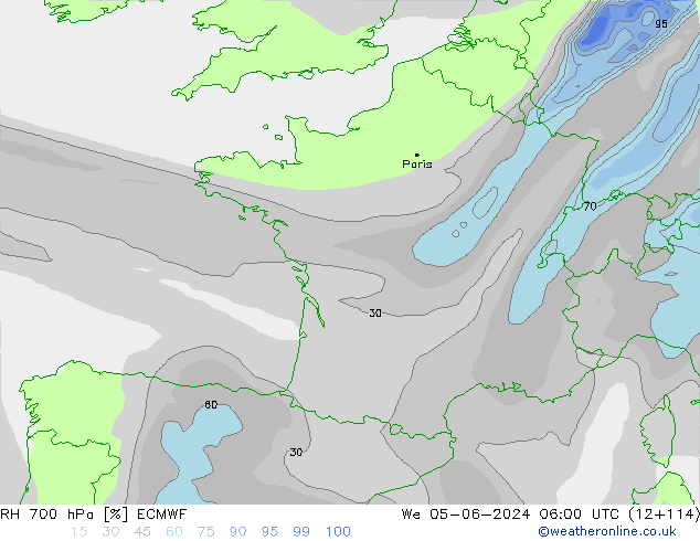 RH 700 hPa ECMWF śro. 05.06.2024 06 UTC