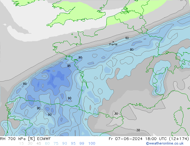 Humidité rel. 700 hPa ECMWF ven 07.06.2024 18 UTC