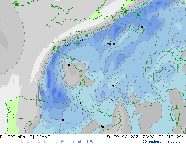 RH 700 hPa ECMWF Su 09.06.2024 00 UTC