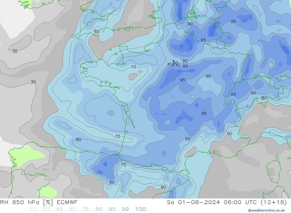 RH 850 hPa ECMWF Sa 01.06.2024 06 UTC