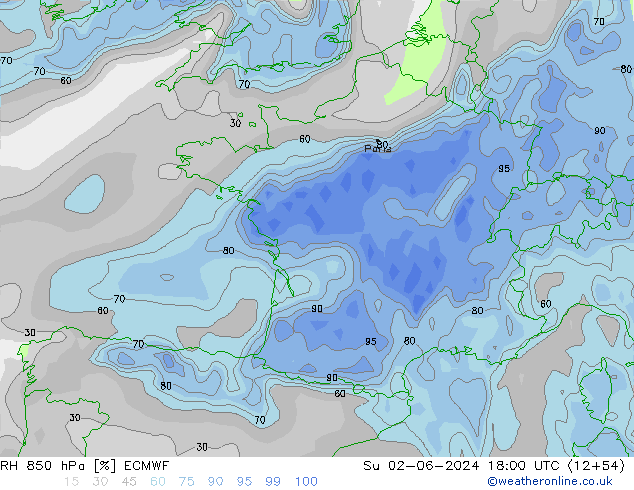 RH 850 hPa ECMWF dom 02.06.2024 18 UTC