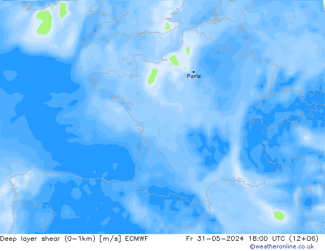 Deep layer shear (0-1km) ECMWF пт 31.05.2024 18 UTC