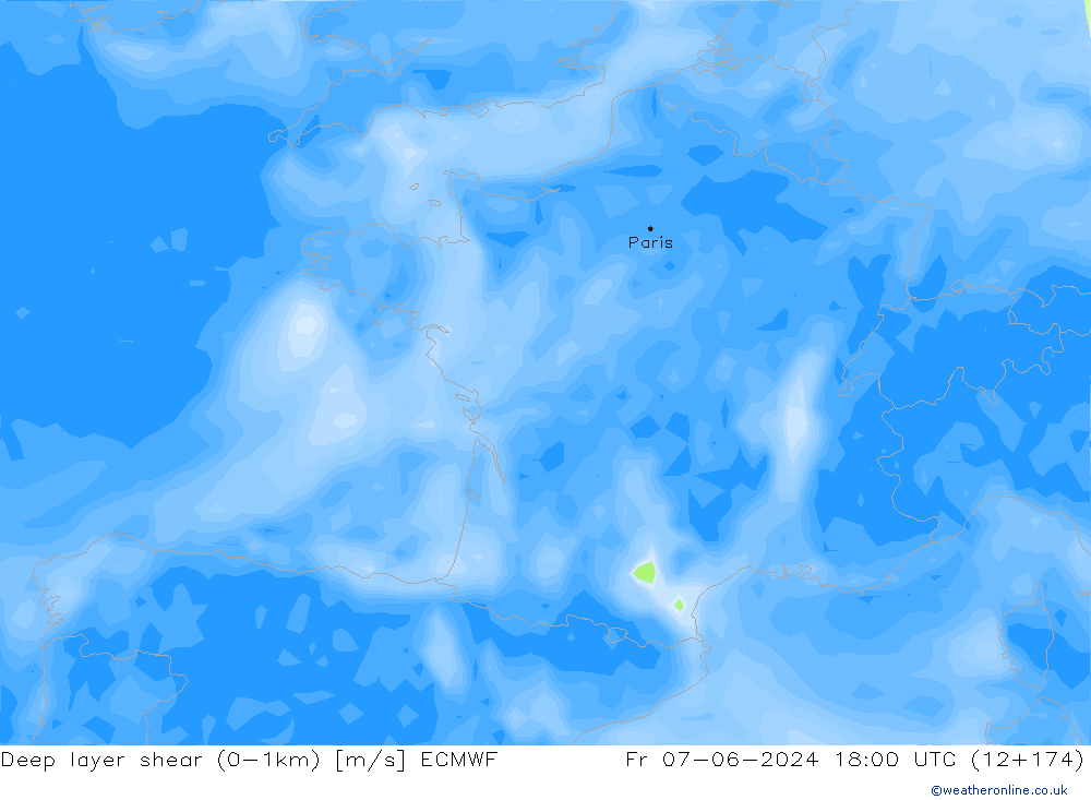 Deep layer shear (0-1km) ECMWF Fr 07.06.2024 18 UTC