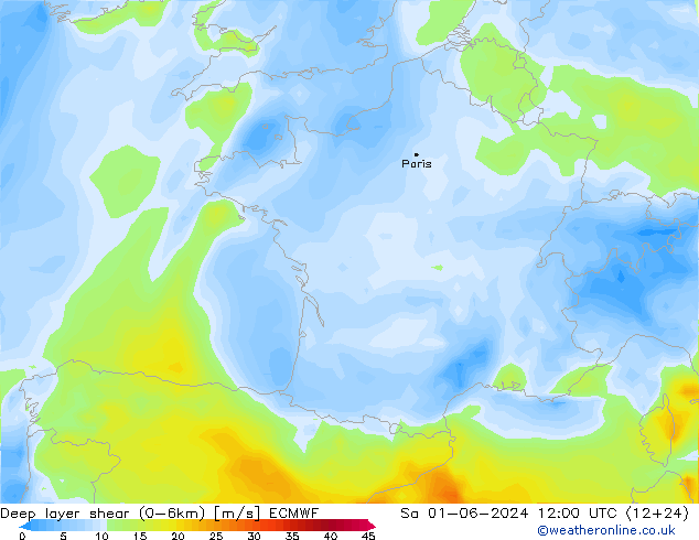Deep layer shear (0-6km) ECMWF sab 01.06.2024 12 UTC