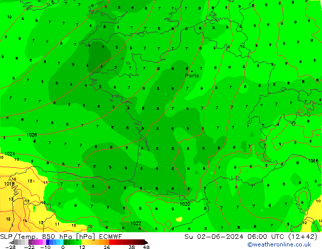 SLP/Temp. 850 hPa ECMWF zo 02.06.2024 06 UTC