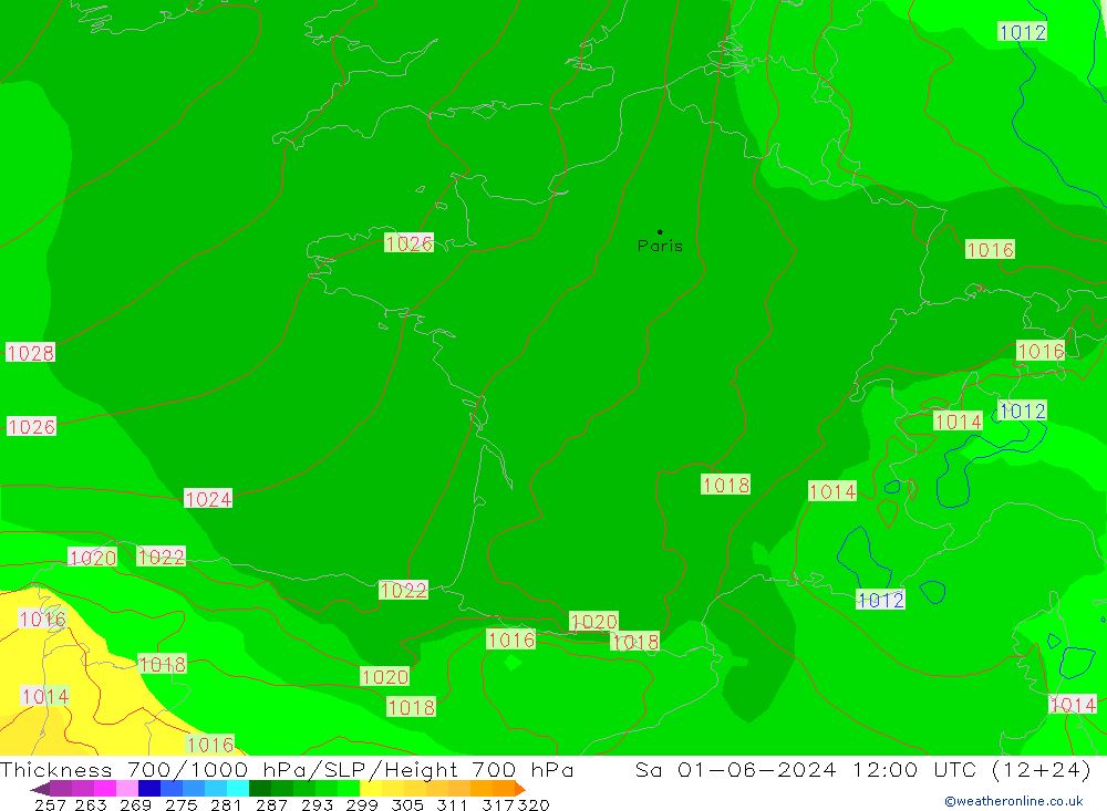 Thck 700-1000 hPa ECMWF Sa 01.06.2024 12 UTC