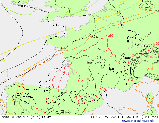 Theta-e 700hPa ECMWF Fr 07.06.2024 12 UTC