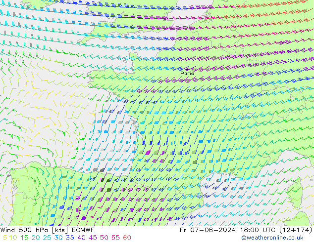 Wind 500 hPa ECMWF Fr 07.06.2024 18 UTC