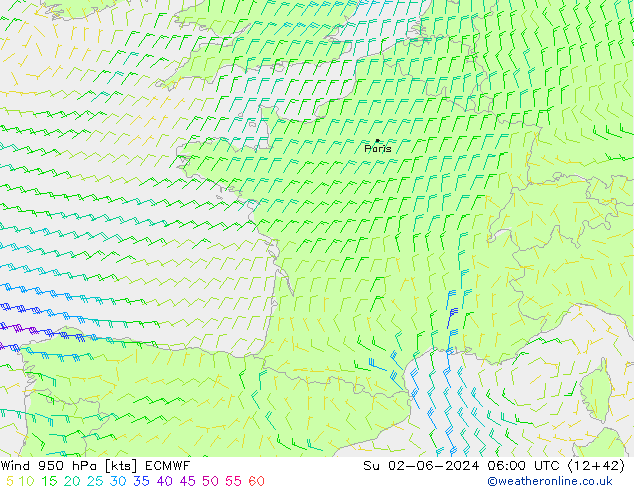 Vento 950 hPa ECMWF Dom 02.06.2024 06 UTC