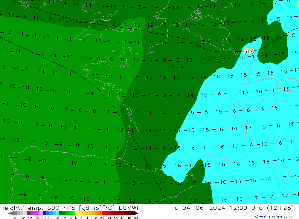 Z500/Rain (+SLP)/Z850 ECMWF wto. 04.06.2024 12 UTC