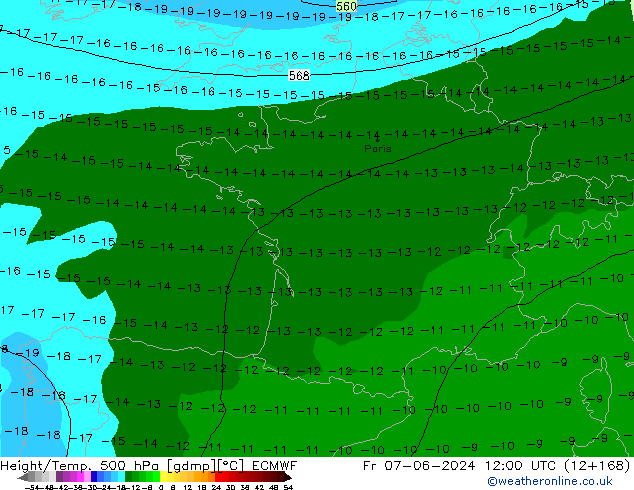 Hoogte/Temp. 500 hPa ECMWF vr 07.06.2024 12 UTC