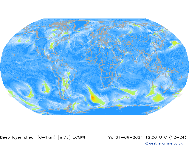 Deep layer shear (0-1km) ECMWF Sa 01.06.2024 12 UTC