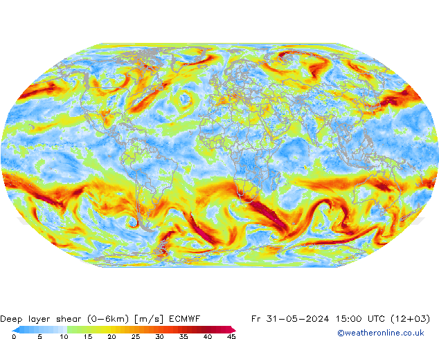 Deep layer shear (0-6km) ECMWF  31.05.2024 15 UTC