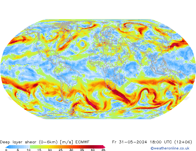 Deep layer shear (0-6km) ECMWF Fr 31.05.2024 18 UTC