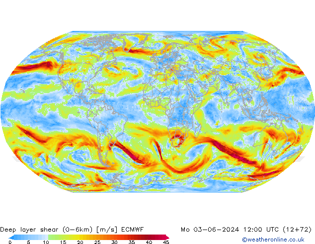 Deep layer shear (0-6km) ECMWF Mo 03.06.2024 12 UTC