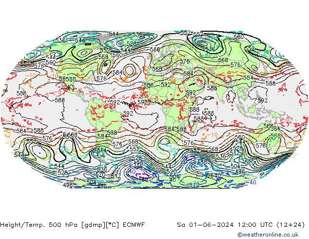 Height/Temp. 500 hPa ECMWF Sa 01.06.2024 12 UTC