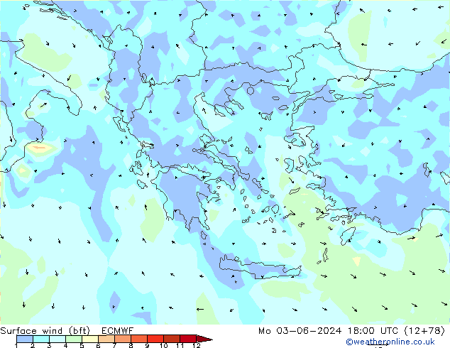 Surface wind (bft) ECMWF Mo 03.06.2024 18 UTC