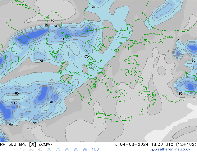 RH 300 hPa ECMWF Tu 04.06.2024 18 UTC