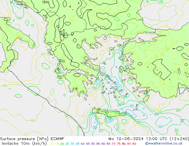 Isotachen (km/h) ECMWF ma 10.06.2024 12 UTC