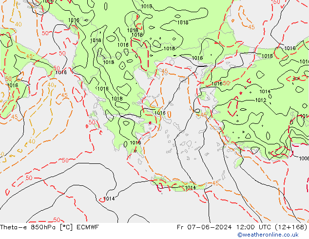 Theta-e 850hPa ECMWF ven 07.06.2024 12 UTC