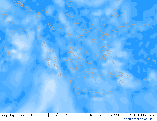 Deep layer shear (0-1km) ECMWF Mo 03.06.2024 18 UTC