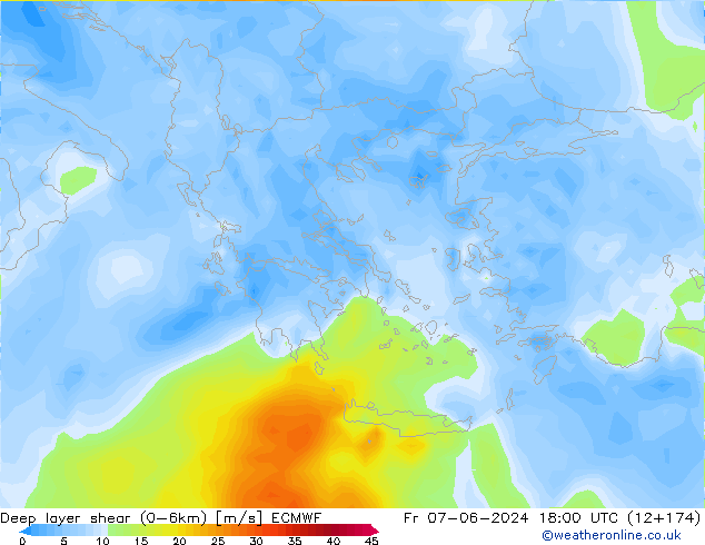 Deep layer shear (0-6km) ECMWF vr 07.06.2024 18 UTC