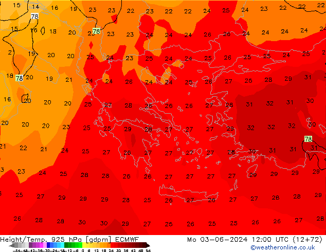 Height/Temp. 925 гПа ECMWF пн 03.06.2024 12 UTC