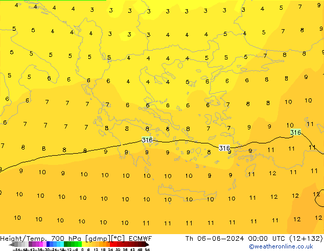 Height/Temp. 700 hPa ECMWF gio 06.06.2024 00 UTC