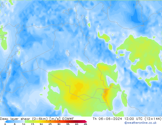 Deep layer shear (0-6km) ECMWF jue 06.06.2024 12 UTC