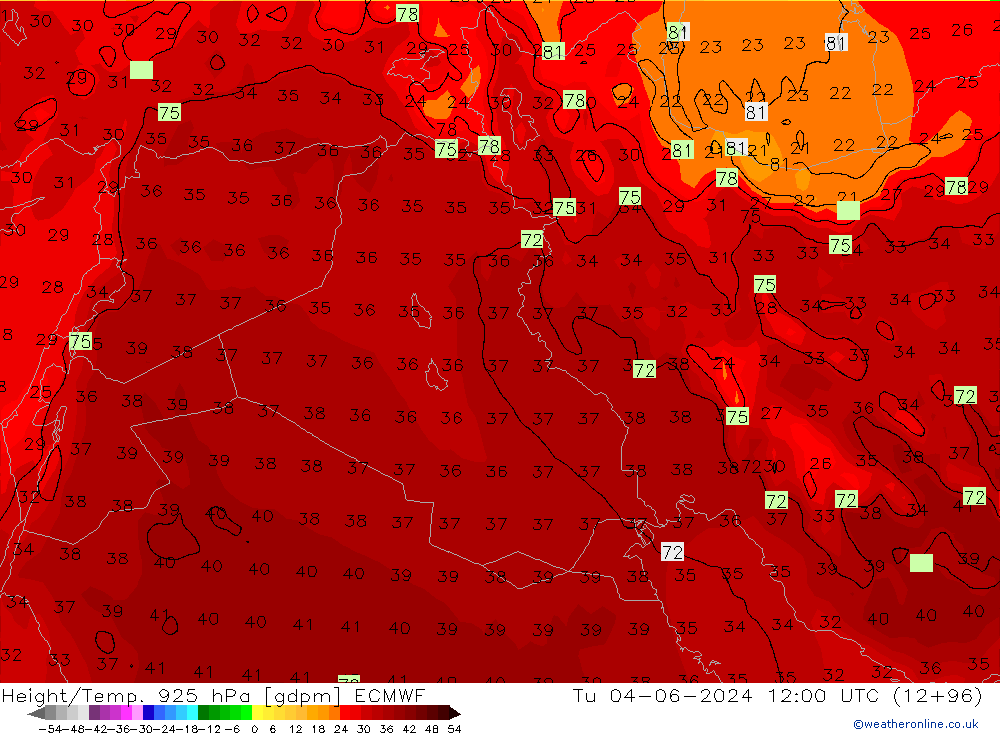 Yükseklik/Sıc. 925 hPa ECMWF Sa 04.06.2024 12 UTC