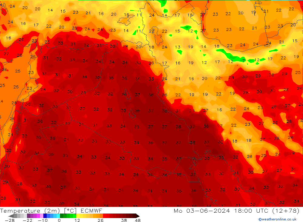 Temperatura (2m) ECMWF lun 03.06.2024 18 UTC