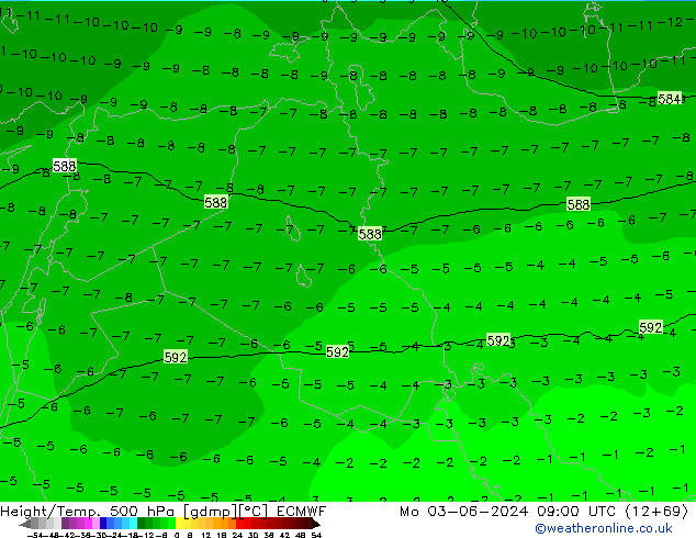 Height/Temp. 500 hPa ECMWF Mo 03.06.2024 09 UTC