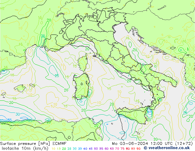 Izotacha (km/godz) ECMWF pon. 03.06.2024 12 UTC