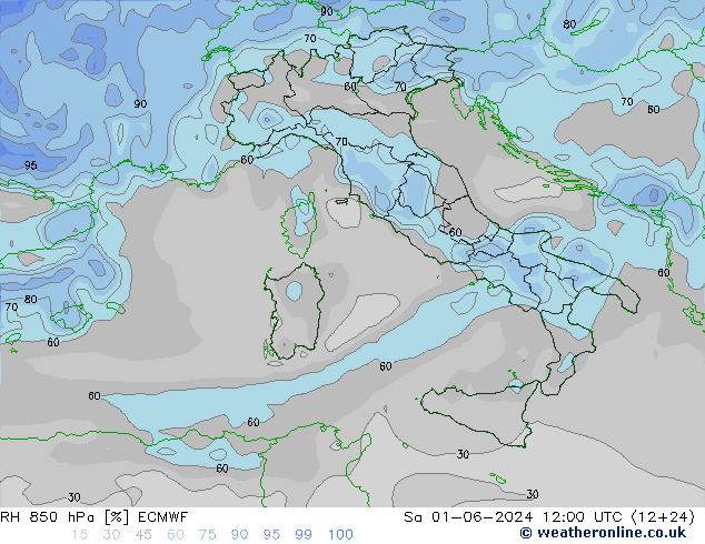 RH 850 hPa ECMWF sab 01.06.2024 12 UTC