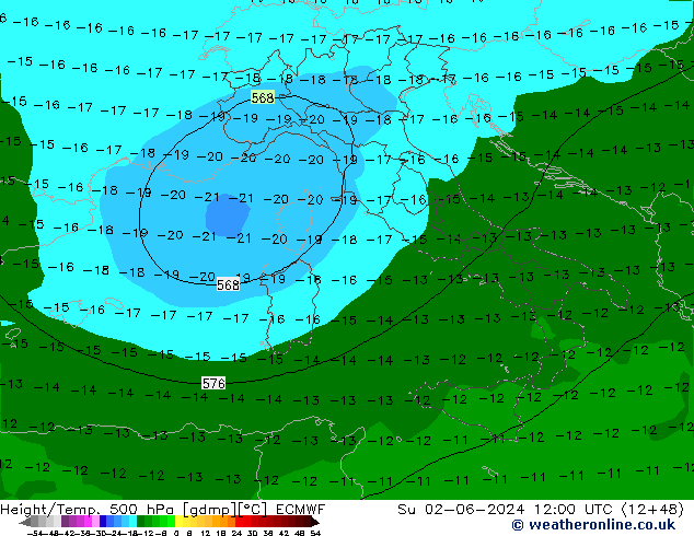 Geop./Temp. 500 hPa ECMWF dom 02.06.2024 12 UTC