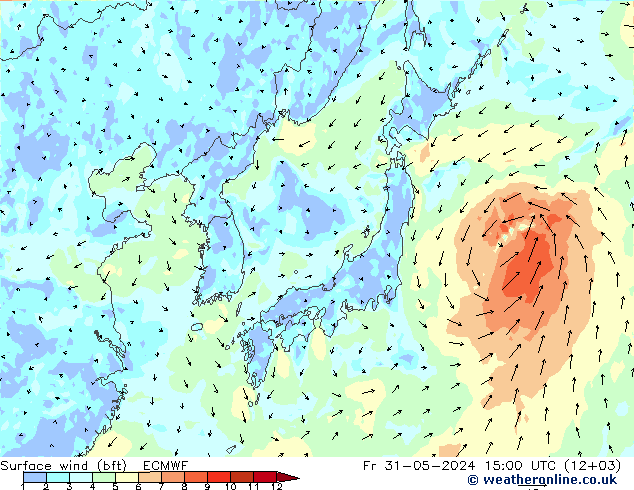 Vento 10 m (bft) ECMWF Sex 31.05.2024 15 UTC