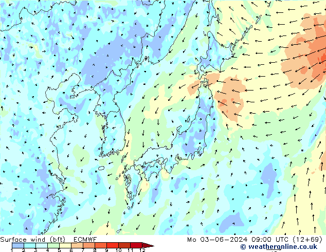 Vent 10 m (bft) ECMWF lun 03.06.2024 09 UTC